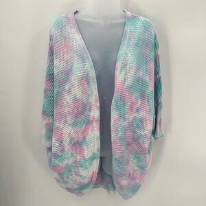 VENUS Cocoon Cardigan Womens L Open Front Cotton Knit Pink Blue Tie Dye Sweater